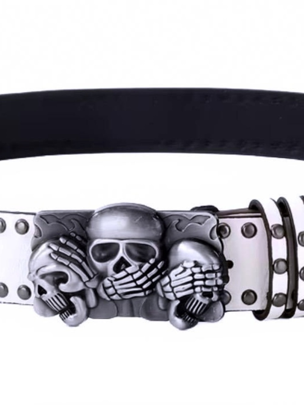 New -Sleek & Stylish -White Faux Leather Studded Belt w/Skulls Buckle